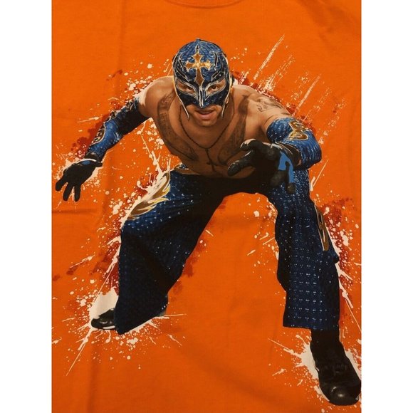 WWE T-Shirt REY MYSTERIO JR WWE Authentic Size Large L Orange Lucha Libre HOF - Picture 1 of 5